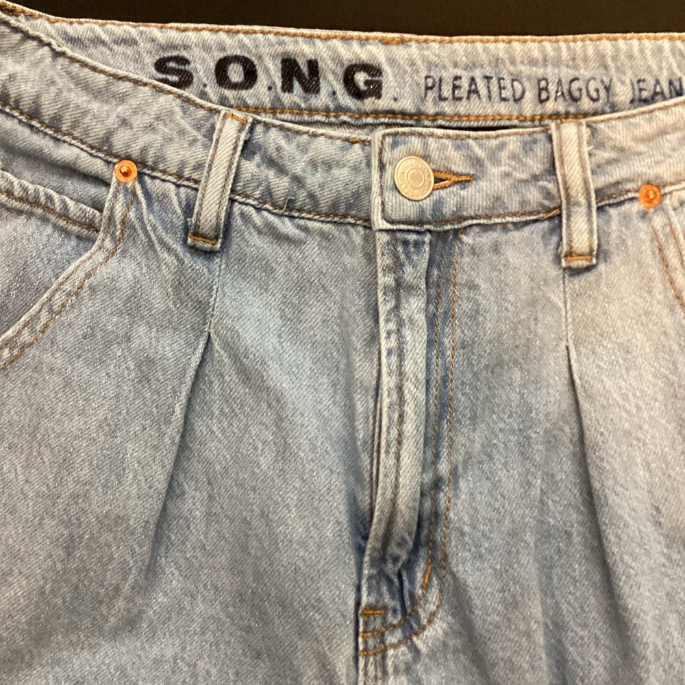 S.O.N.G. Jeans Juniors Womens 7/28 Medium Blue Pleated Baggy High-Rise Tapered